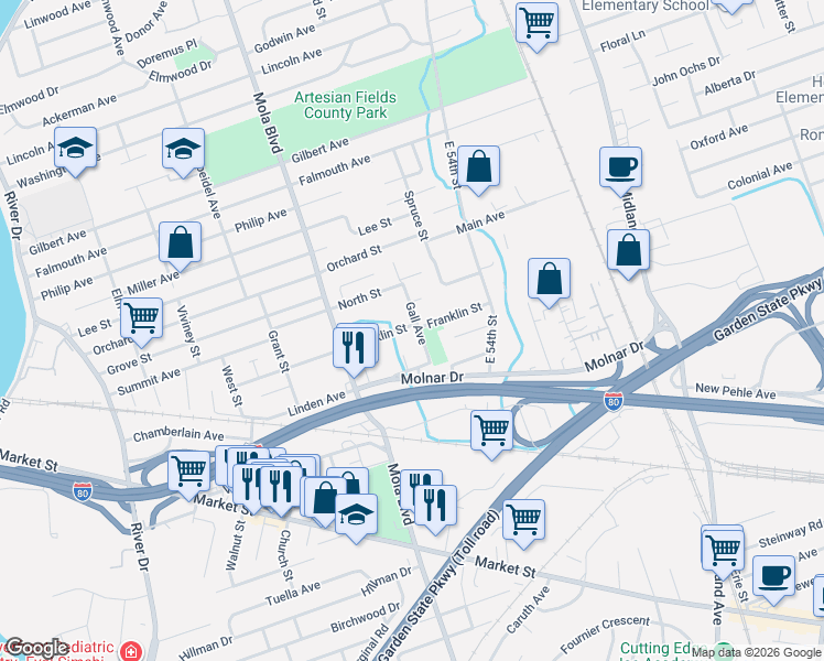 map of restaurants, bars, coffee shops, grocery stores, and more near 139 Franklin Street in Elmwood Park