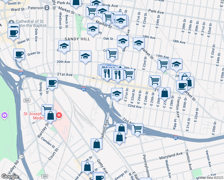 map of restaurants, bars, coffee shops, grocery stores, and more near 1012 East 19th Street in Paterson