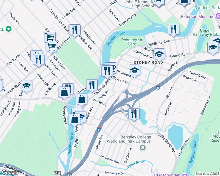 map of restaurants, bars, coffee shops, grocery stores, and more near 31 Wood Street in Woodland Park