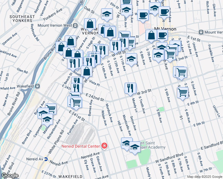 map of restaurants, bars, coffee shops, grocery stores, and more near 115 South 14th Avenue in Mount Vernon