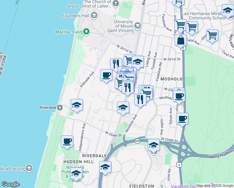 map of restaurants, bars, coffee shops, grocery stores, and more near 5639 Netherland Avenue in The Bronx