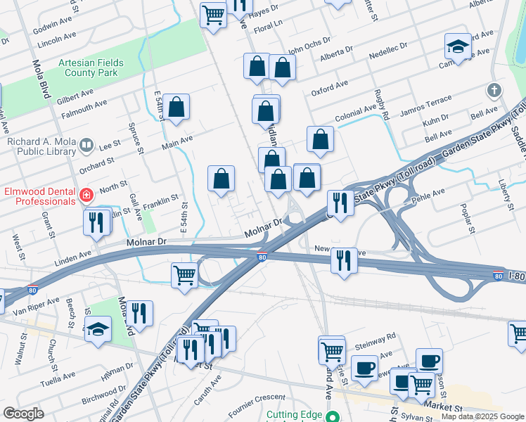 map of restaurants, bars, coffee shops, grocery stores, and more near 275 North Midland Avenue in Saddle Brook