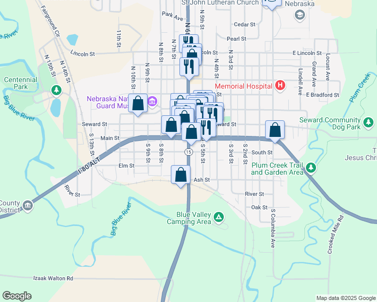 map of restaurants, bars, coffee shops, grocery stores, and more near South Street in Seward