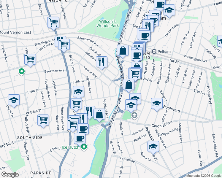 map of restaurants, bars, coffee shops, grocery stores, and more near 590 West 3rd Street in Mount Vernon