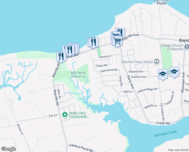 map of restaurants, bars, coffee shops, grocery stores, and more near 1 Ash Court in Bayville