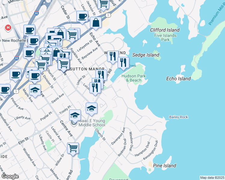 map of restaurants, bars, coffee shops, grocery stores, and more near in New Rochelle