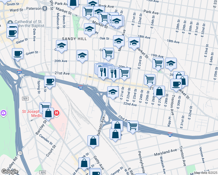 map of restaurants, bars, coffee shops, grocery stores, and more near 1024 Madison Avenue in Paterson