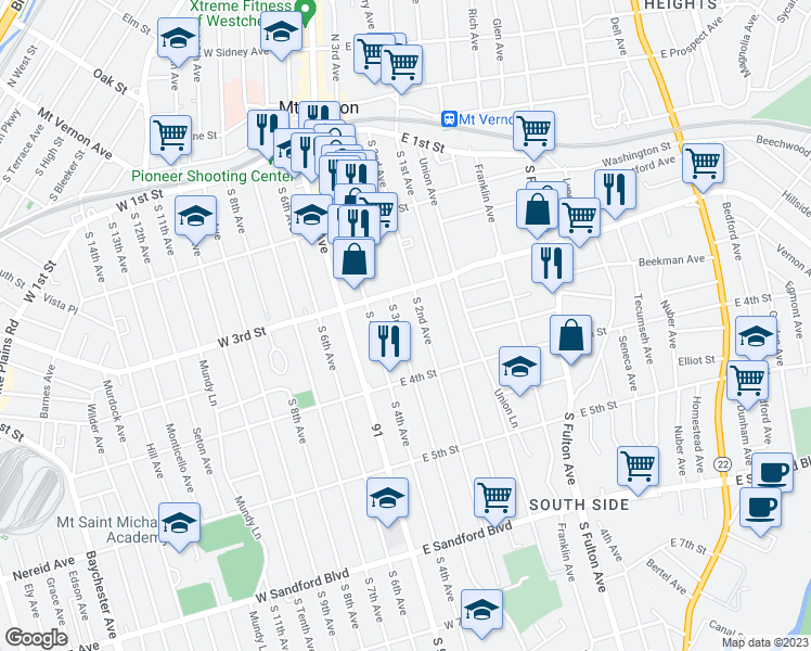 map of restaurants, bars, coffee shops, grocery stores, and more near 227 South 3rd Avenue in Mount Vernon