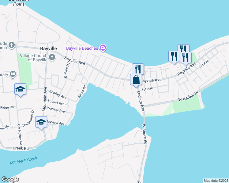 map of restaurants, bars, coffee shops, grocery stores, and more near 34 Quincy Avenue in Bayville