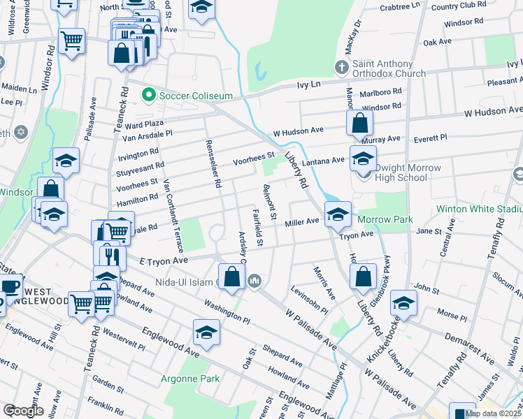 map of restaurants, bars, coffee shops, grocery stores, and more near 127 Belmont Street in Englewood