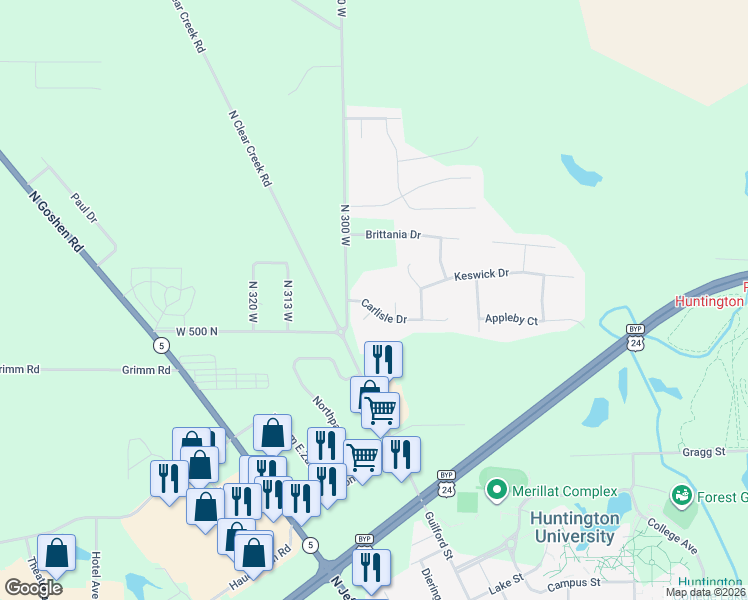 map of restaurants, bars, coffee shops, grocery stores, and more near 306 Carlisle Drive in Huntington