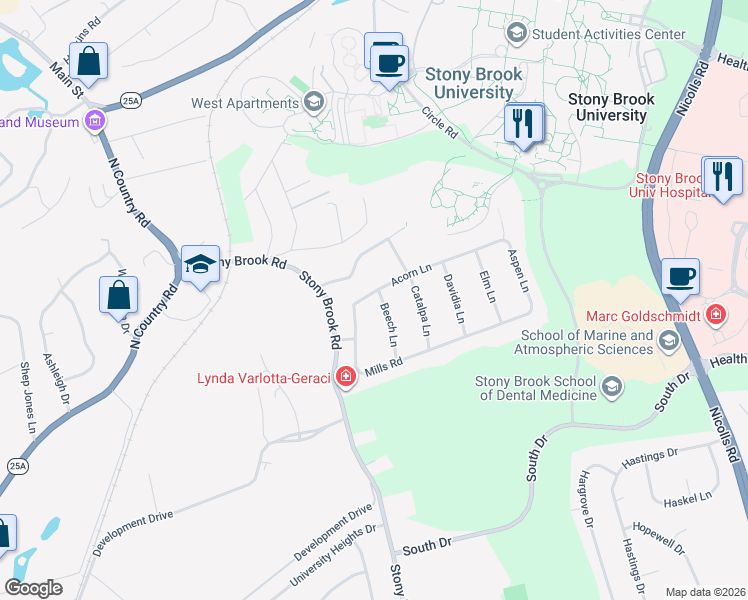 map of restaurants, bars, coffee shops, grocery stores, and more near 11 Acorn Lane in Stony Brook