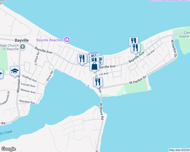 map of restaurants, bars, coffee shops, grocery stores, and more near 11 Ludlam Avenue in Bayville