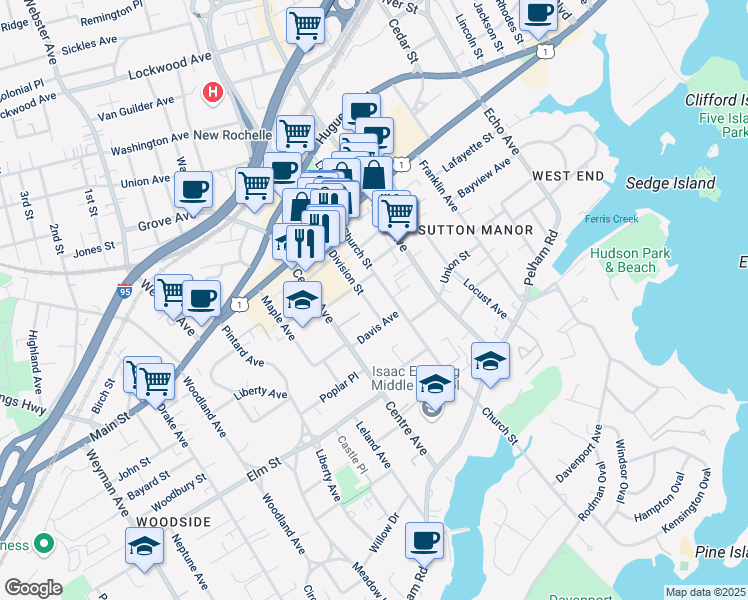 map of restaurants, bars, coffee shops, grocery stores, and more near 64 South Division Street in New Rochelle