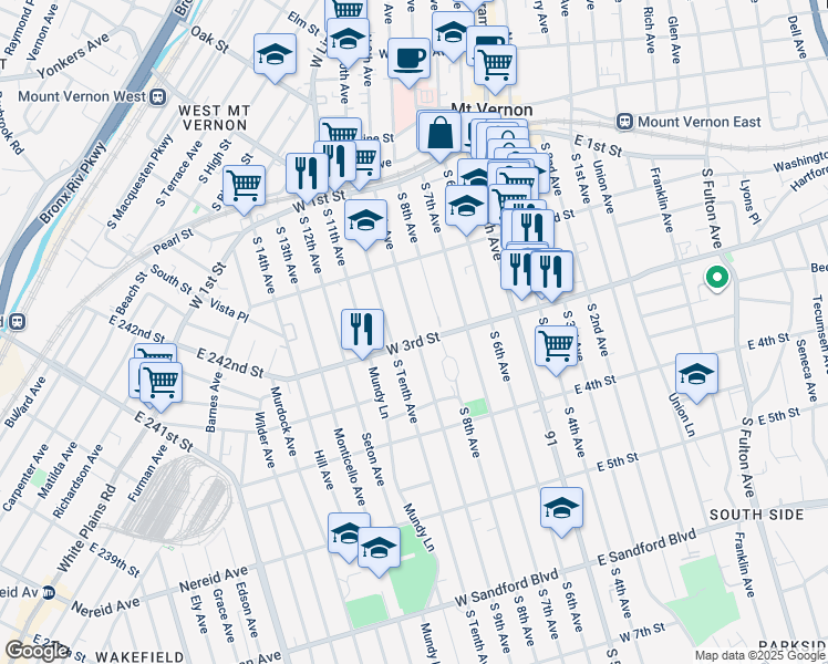 map of restaurants, bars, coffee shops, grocery stores, and more near 142 South 9th Avenue in Mount Vernon