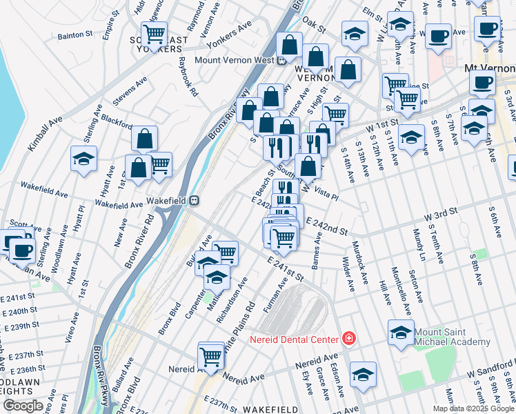 map of restaurants, bars, coffee shops, grocery stores, and more near 4809 Robertson Street in Bronx
