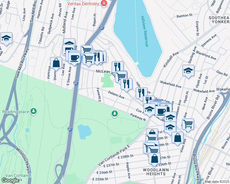 map of restaurants, bars, coffee shops, grocery stores, and more near in Yonkers