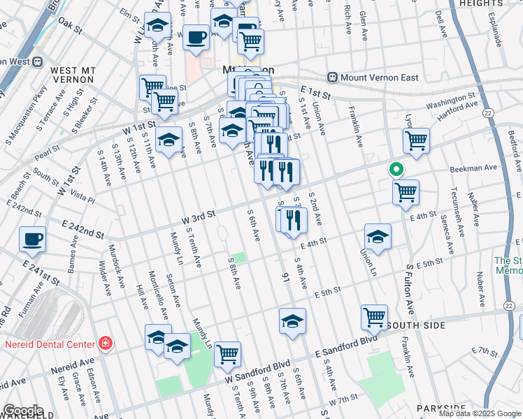 map of restaurants, bars, coffee shops, grocery stores, and more near 212 91 in Mount Vernon