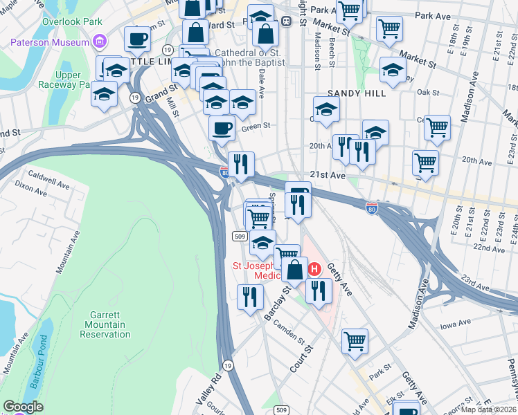 map of restaurants, bars, coffee shops, grocery stores, and more near 196 Jackson Street in Paterson