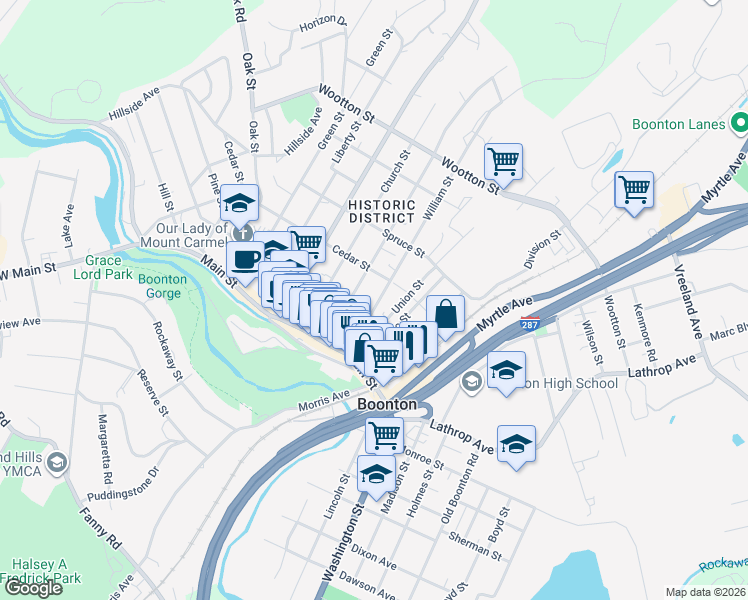 map of restaurants, bars, coffee shops, grocery stores, and more near 233 William Street in Boonton