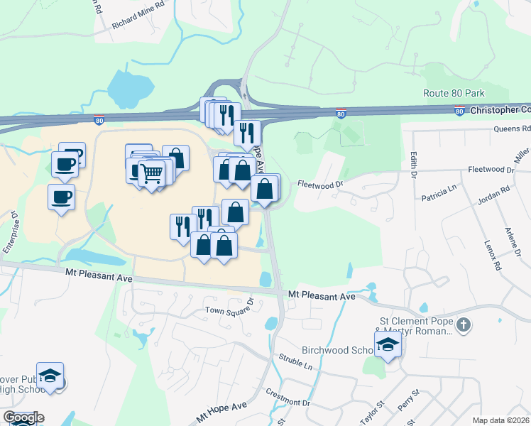 map of restaurants, bars, coffee shops, grocery stores, and more near 381 Mount Hope Avenue in Dover