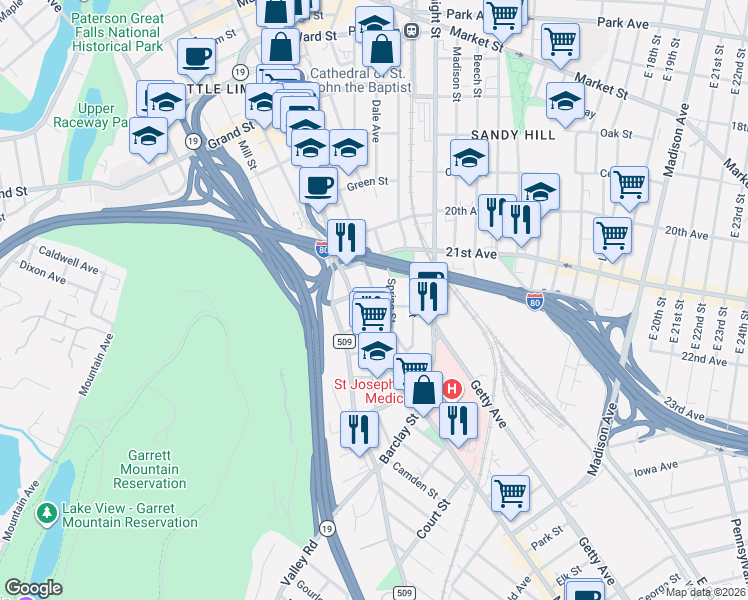 map of restaurants, bars, coffee shops, grocery stores, and more near 196 Jackson Street in Paterson