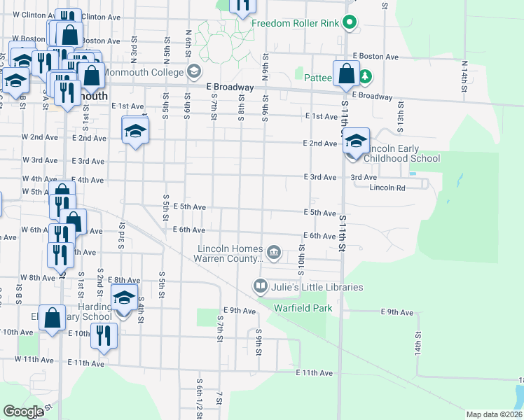 map of restaurants, bars, coffee shops, grocery stores, and more near 1000 East 5th Avenue in Monmouth