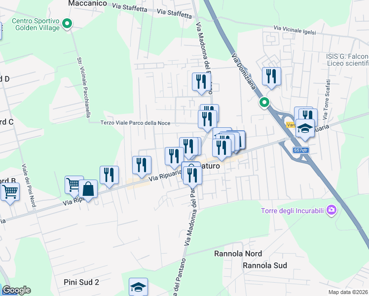 map of restaurants, bars, coffee shops, grocery stores, and more near 15 Primo Viale Parco della Noce in Varcaturo