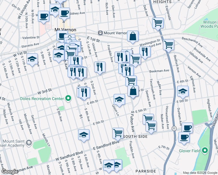 map of restaurants, bars, coffee shops, grocery stores, and more near 26 Madison Street in Mount Vernon