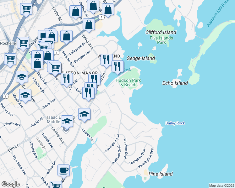 map of restaurants, bars, coffee shops, grocery stores, and more near 30 Davenport Avenue in New Rochelle