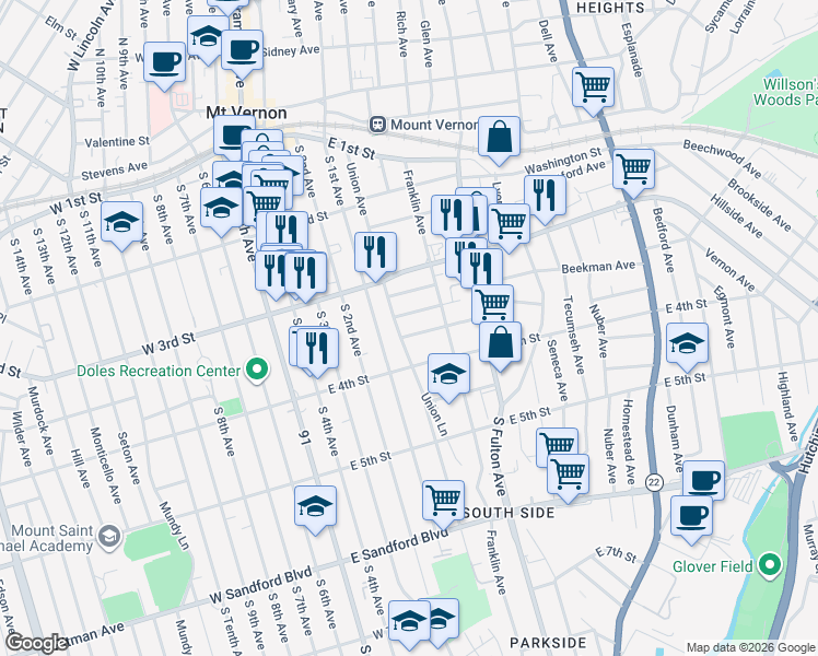 map of restaurants, bars, coffee shops, grocery stores, and more near 26 Madison Street in Mount Vernon