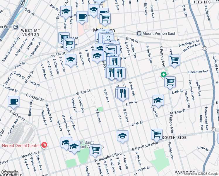 map of restaurants, bars, coffee shops, grocery stores, and more near 20 West 3rd Street in Mount Vernon