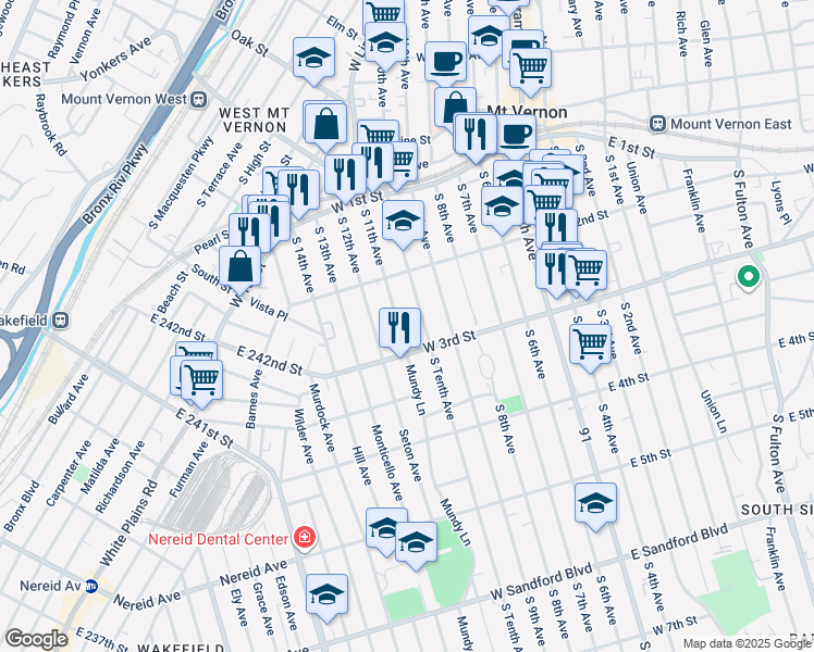 map of restaurants, bars, coffee shops, grocery stores, and more near 133 South 11th Avenue in Mount Vernon