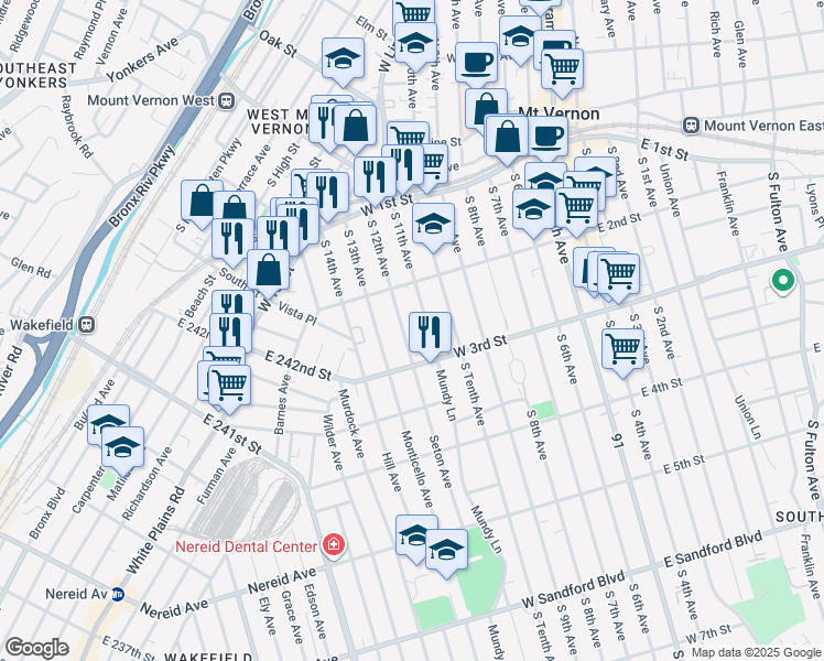 map of restaurants, bars, coffee shops, grocery stores, and more near 126 South 12th Avenue in Mount Vernon