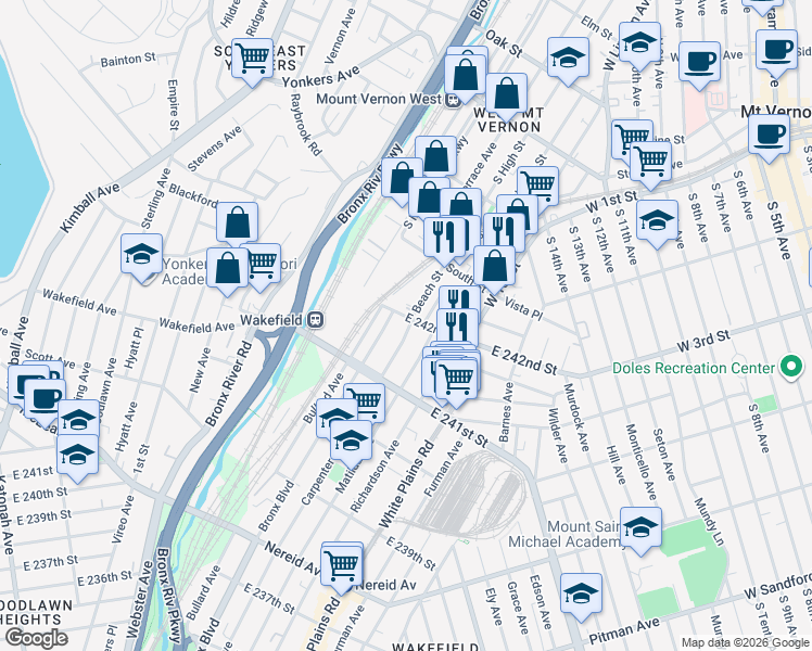 map of restaurants, bars, coffee shops, grocery stores, and more near 545 East 242nd Street in The Bronx