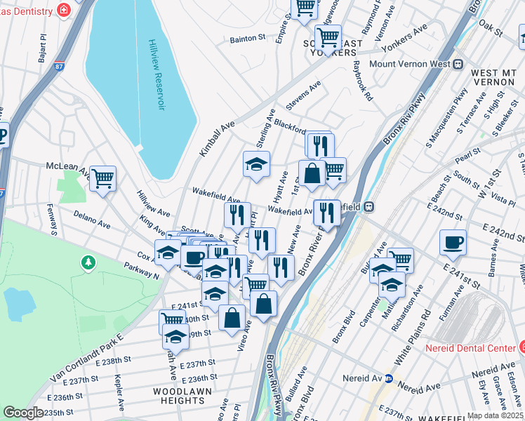 map of restaurants, bars, coffee shops, grocery stores, and more near 99 Wakefield Avenue in Yonkers