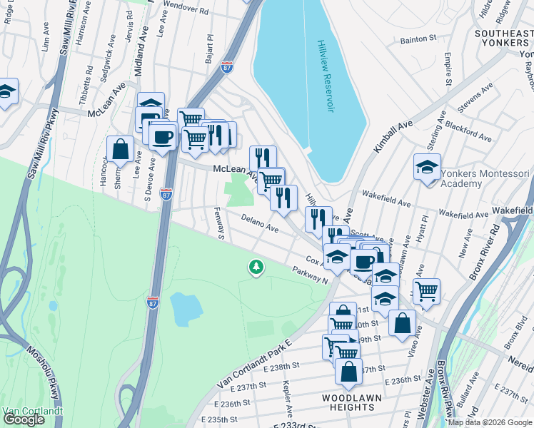 map of restaurants, bars, coffee shops, grocery stores, and more near in Yonkers