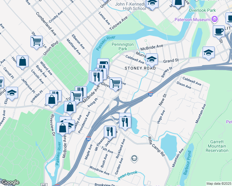 map of restaurants, bars, coffee shops, grocery stores, and more near 48 Ferrary Place in Woodland Park