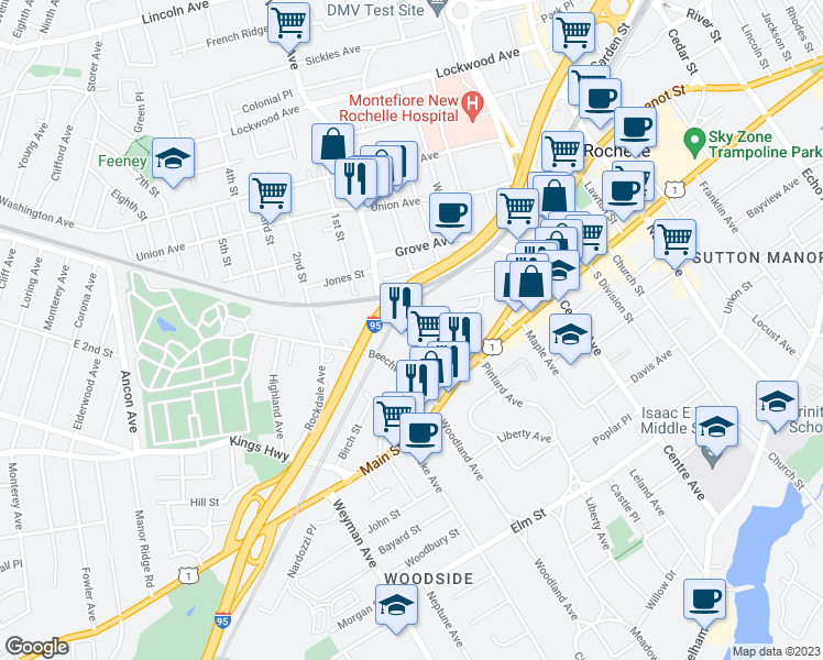 map of restaurants, bars, coffee shops, grocery stores, and more near 54 Webster Avenue in New Rochelle