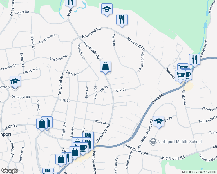 map of restaurants, bars, coffee shops, grocery stores, and more near 37 Hill Street in Northport