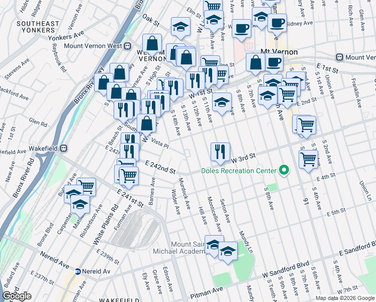 map of restaurants, bars, coffee shops, grocery stores, and more near 115 South 14th Avenue in Mount Vernon