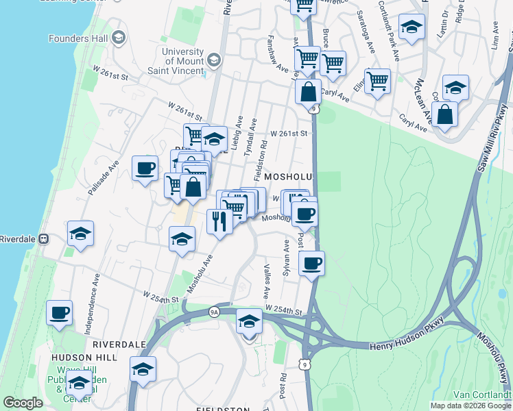 map of restaurants, bars, coffee shops, grocery stores, and more near 5831 Fieldston Road in Bronx