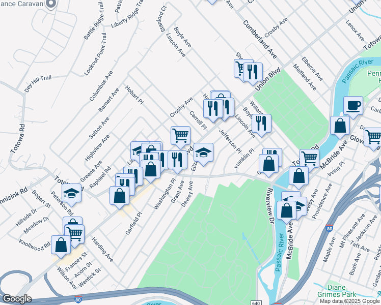 map of restaurants, bars, coffee shops, grocery stores, and more near 241 Union Boulevard in Totowa