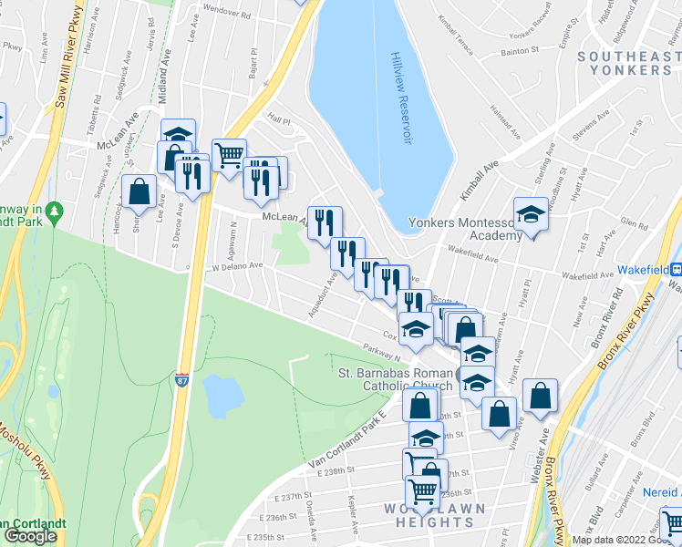 map of restaurants, bars, coffee shops, grocery stores, and more near 823 McLean Avenue in Yonkers