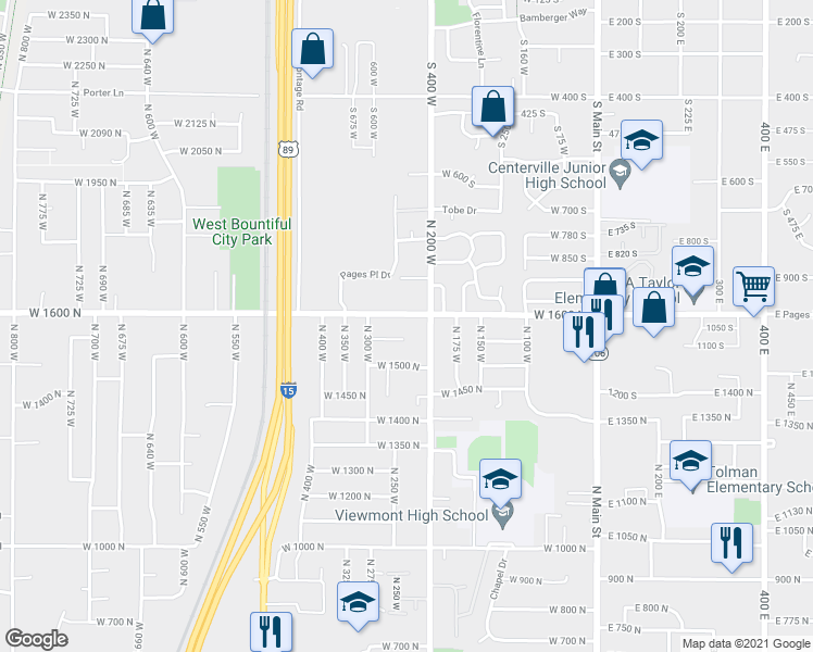 map of restaurants, bars, coffee shops, grocery stores, and more near 225 W Pages Ln in Bountiful