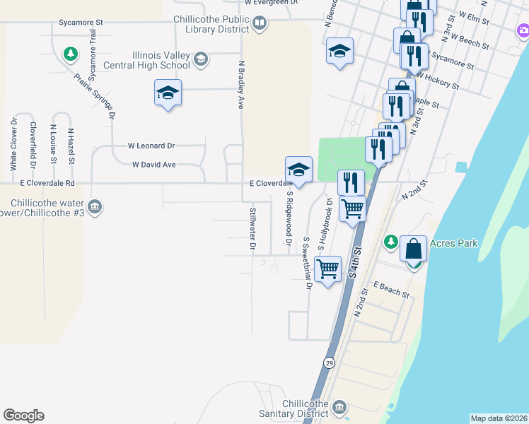 map of restaurants, bars, coffee shops, grocery stores, and more near 201 Sandy Shores Drive in Chillicothe