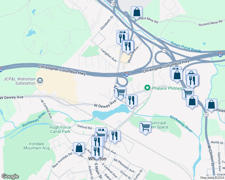 map of restaurants, bars, coffee shops, grocery stores, and more near 255 North Main Street in Wharton