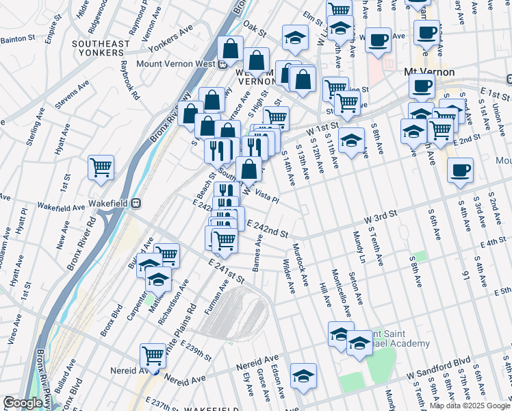 map of restaurants, bars, coffee shops, grocery stores, and more near 725 East 243rd Street in Bronx