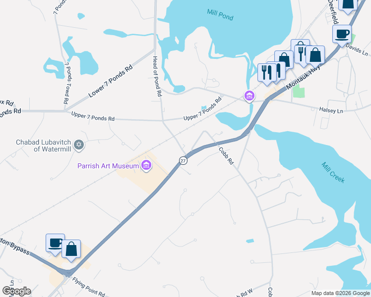 map of restaurants, bars, coffee shops, grocery stores, and more near 21 Country Road in Water Mill