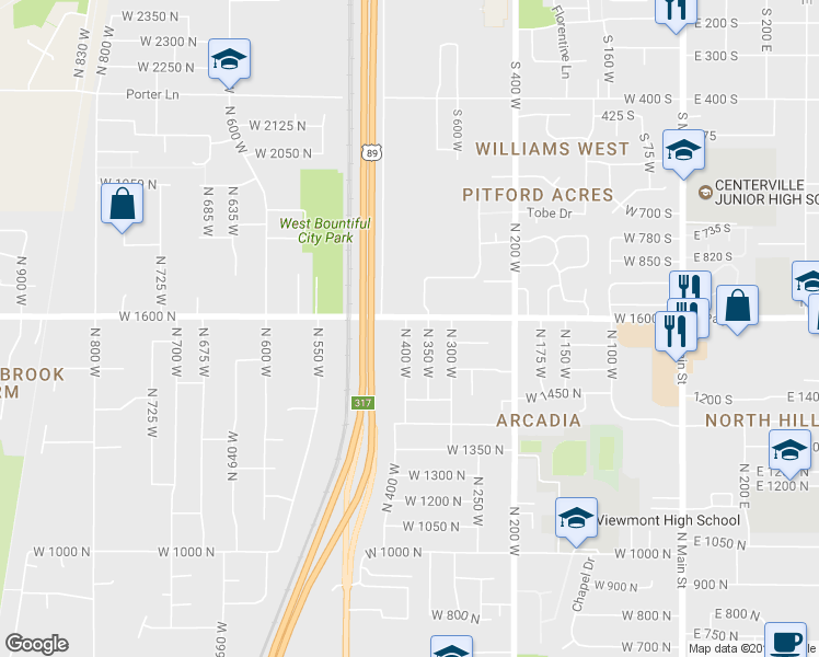 map of restaurants, bars, coffee shops, grocery stores, and more near 1584 North 400 West in Bountiful